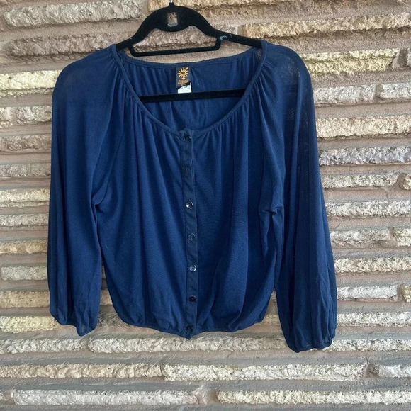 Jean Paul Gaultier Blue Mesh Cropped Long Sleeve Peasant Blouse Size Medium - Picture 1 of 6